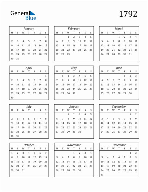 1792 Yearly Calendar Templates With Monday Start