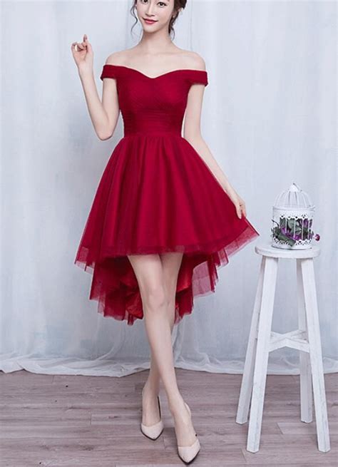 Stylish High Low Party Dress Charming Tulle Wine Red Formal Dress 2019