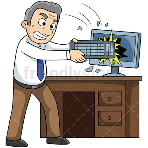 Angry Old Man Destroying Computer Cartoon Vector Clipart Friendlystock
