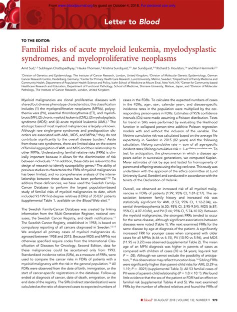 Pdf Familial Risks Of Primary Myeloid Leukemia Myelodysplasia And