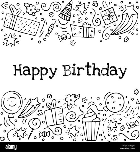 Hand Drawn Set Of Birthday Ink Doodles Happy Birthday Greeting Card