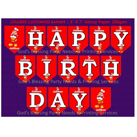 Jollibee Customized Happy Birthday Banner 5inches By 7inches 250gsm