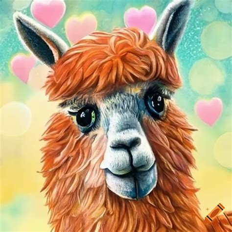 Fluffy Orange Llama With Big Eyes And Teeth In A Romantic Heart