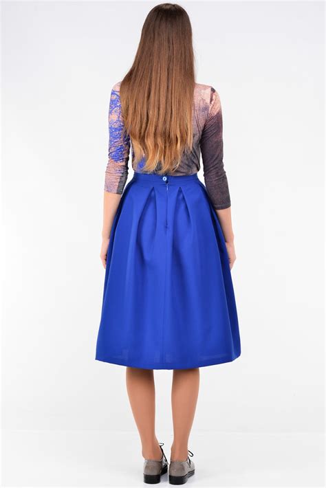 Blue Knee Length Skirts With Pleats And Pockets