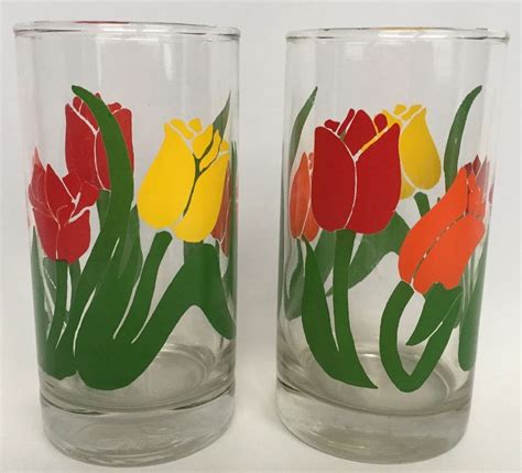 Two Vintage Tulip Drinking Glasses Tumblers Red Yellow Orange 5 3 8 Inches Tall Tulip Glasses