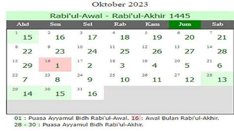 Kalender 2023 Jadwal Puasa Ayyamul Bidh Oktober Bertepatan Rabiul Akhir