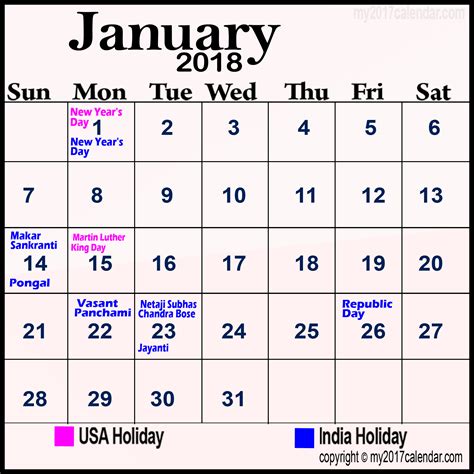 January 2018 Calendar With Holidays Calendar Yearly Printable