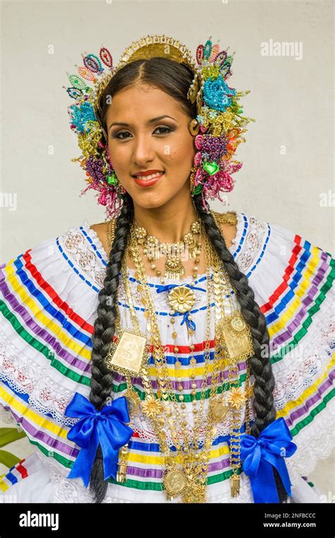 panamanian woman in a colorful traditional pollera the national dress of panama along with the