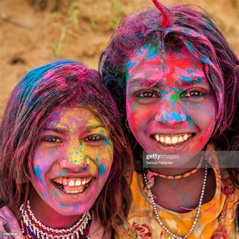 Group Of Happy Indian Girls Playing Holi Desert Village India High Res