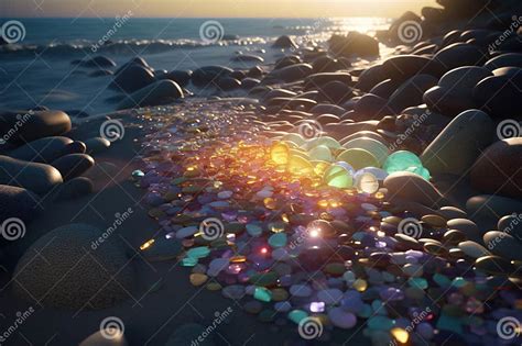 A Path Of Shining Colorful Pebbles On The Seashore Moon Sparkling