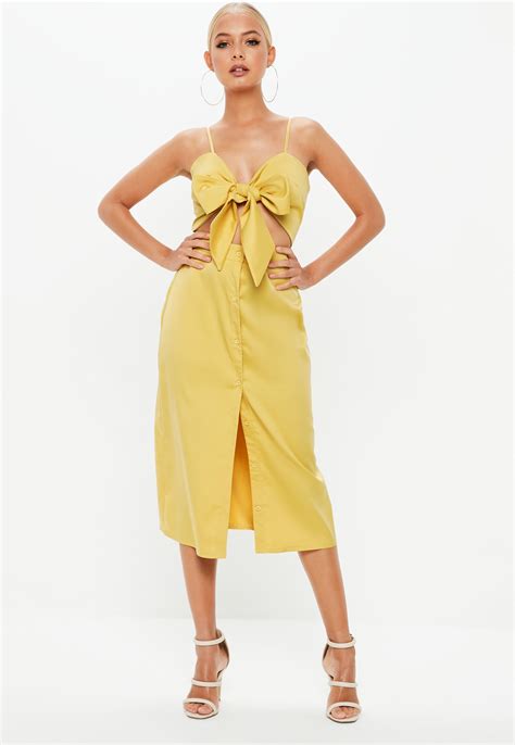 Mustard Tie Front Button Down Strappy Midi Dress Missguided