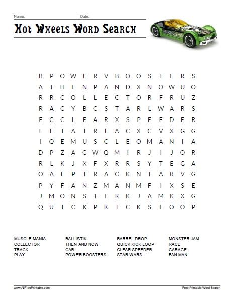 Hot Wheels Word Search Free Printable