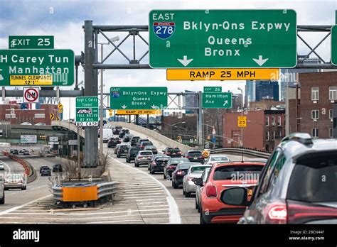 View Of Eastbound Brooklyn Queens Expressway Sign Over Roadway Packed