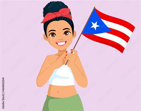 beautiful puerto rican woman waving puerto rico flag indicating with pointing finger hand