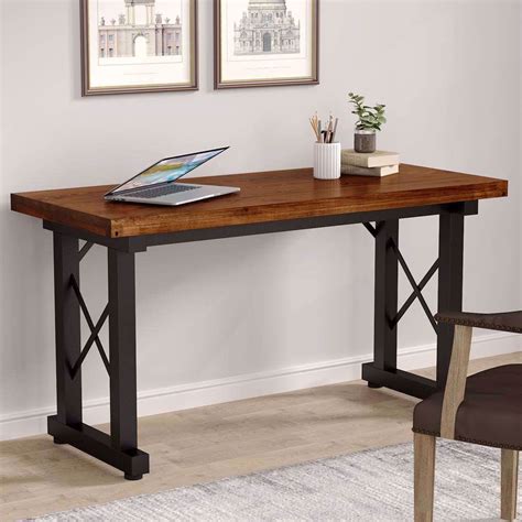 Hsh Rustic Computer Desk Real Solid Wood And Metal Home Ebe