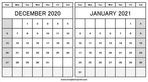 December 2020 January 2021 Calendar Template Printable Blank Calendar