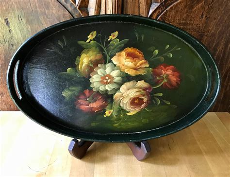 Antique French Oval Wooden Tray With Hand Painted With Floral Design