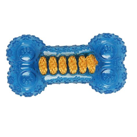 Blue Tpr Rubber Bone With Orange Rope Center Non Toxic Puppy Dog Chew