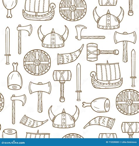 Seamless Viking Pattern With Shields Helmets Axes And Swords Cartoon