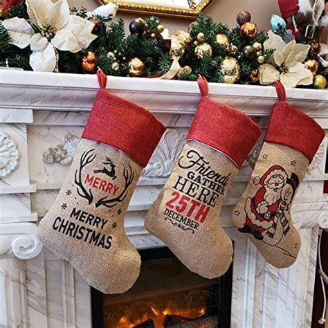 bstaofy christmas stockings set of 3 soft burlap linen patterned santa claus blessings socks for