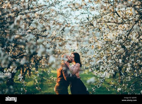 Caucasian Couple Kissing Near Blooming Trees Stock Photo Alamy