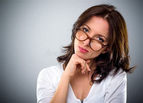 Thoughtful Attractive Woman Wearing Glasses Stock Photo Image Of