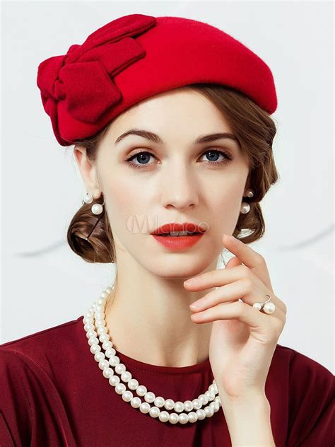 Vintage Hat Beret Red Wool Winter Hat For Women Costume Accessories