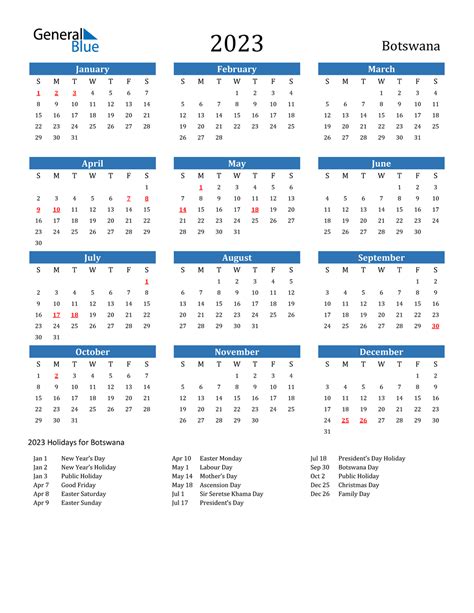 2023 Botswana Calendar With Holidays