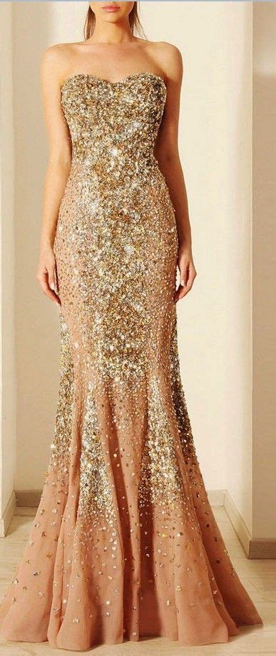 Beautiful Champagne Color With Gold Diamonds Prom Dresses