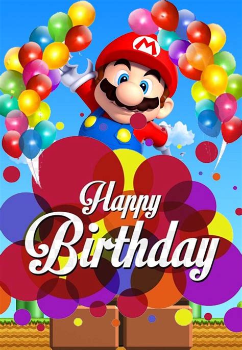 Mario Happy Birthday Card With Balloons In The Sky And An Image Of