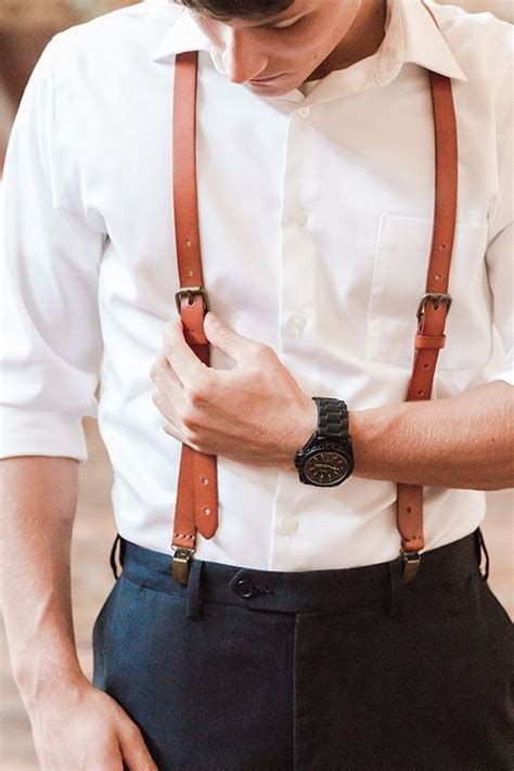 Genuine Leather Suspenders Groomsman Wedding Suspenders In Yellow