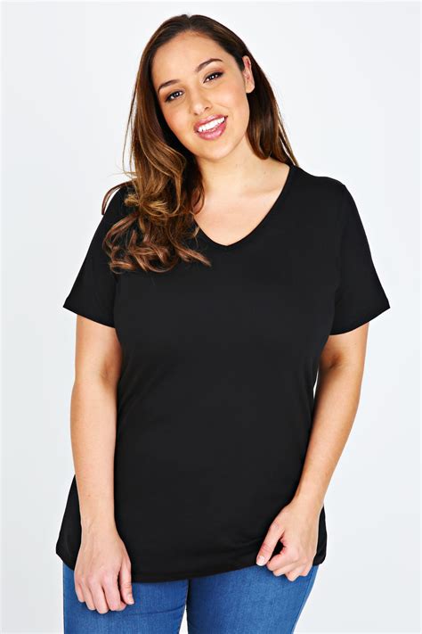 Women's v neck short sleeve t shirts with pocket drop tail hem relaxed fit tees. Black Plain Basic Short Sleeved V-Neck T-shirt plus Size ...