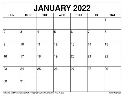 Free Printable January 2022 Calendars