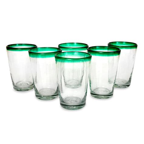 Novica Artisan Crafted Recycled 15 Oz Conical Set Of 6 Blown Glass 6 H X 3 9 Green