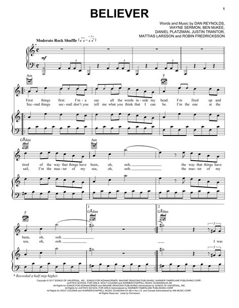 Believer Sheet Music Imagine Dragons Piano Vocal And Guitar Chords