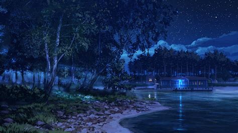 Wallpaper Night Stars Anime Landscape Trees Lake Light