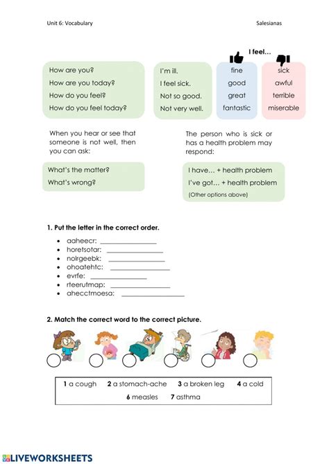 They also help clarify the meanings of vocabulary and language. Health Problems (Vocabulary) - Interactive worksheet