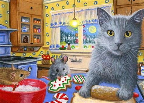 Aceo Original Grey Cat Mouse Mice Christmas Holiday Baking Kitchen