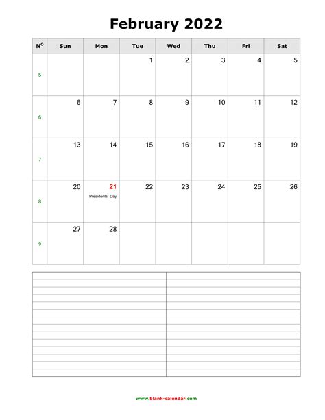 Download February 2022 Blank Calendar With Space For Notes Vertical
