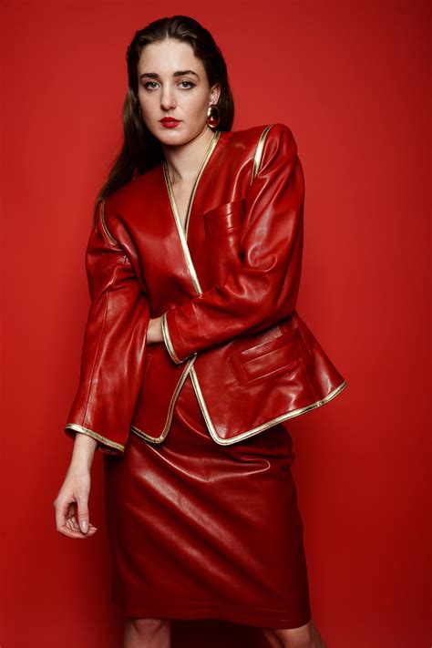 Vintage Ysl Yves Saint Laurent 1988 Collarless Red Leather Skirt Suit