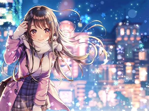 Beautiful Anime Girl Coat Smiling Winter Snowflakes Anime Girl