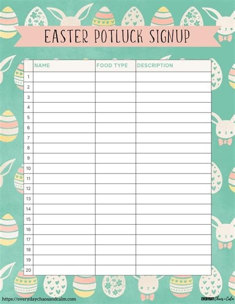 7 Free Easter Potluck Sign Up Sheets Pdf Printable