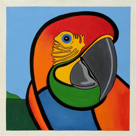 Brazilian Original Cubist Red Bird Stretched Painting Scarlet Macaw