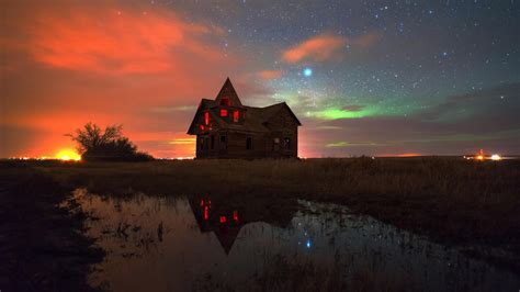Wallpaper Colorful Sunset Night Reflection Sky Stars House