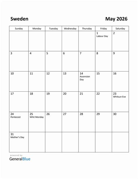 Free Printable May 2026 Calendar For Sweden