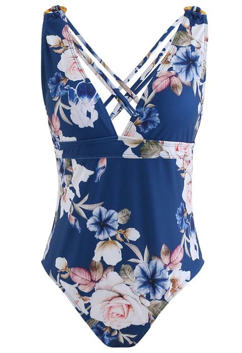 Strappy Crisscross Back Floral One Piece Swimsuit Retro Indie And