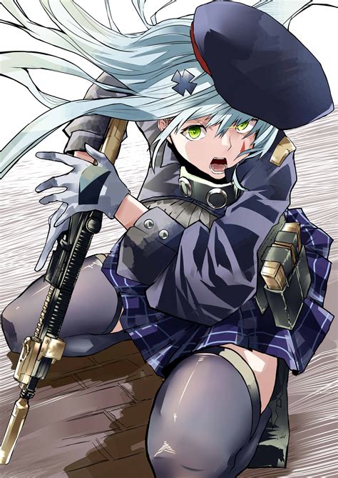 Safebooru Girl Absurdres Assault Rifle Beret Blue Hair Girls