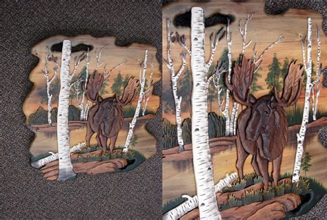 Intarsia Moose In Birch Trees Sunset Wall Decor Picture Moose R Us