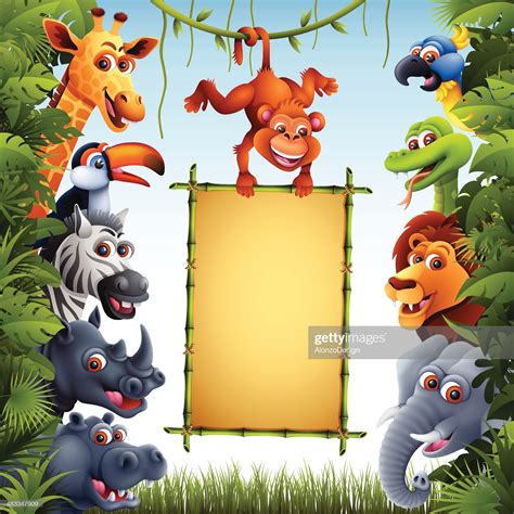 Stock Illustration Jungle Animals With Bamboo Sign Jungle Theme