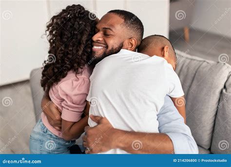 African American Father Hugging His Little Children Stock Photo Image